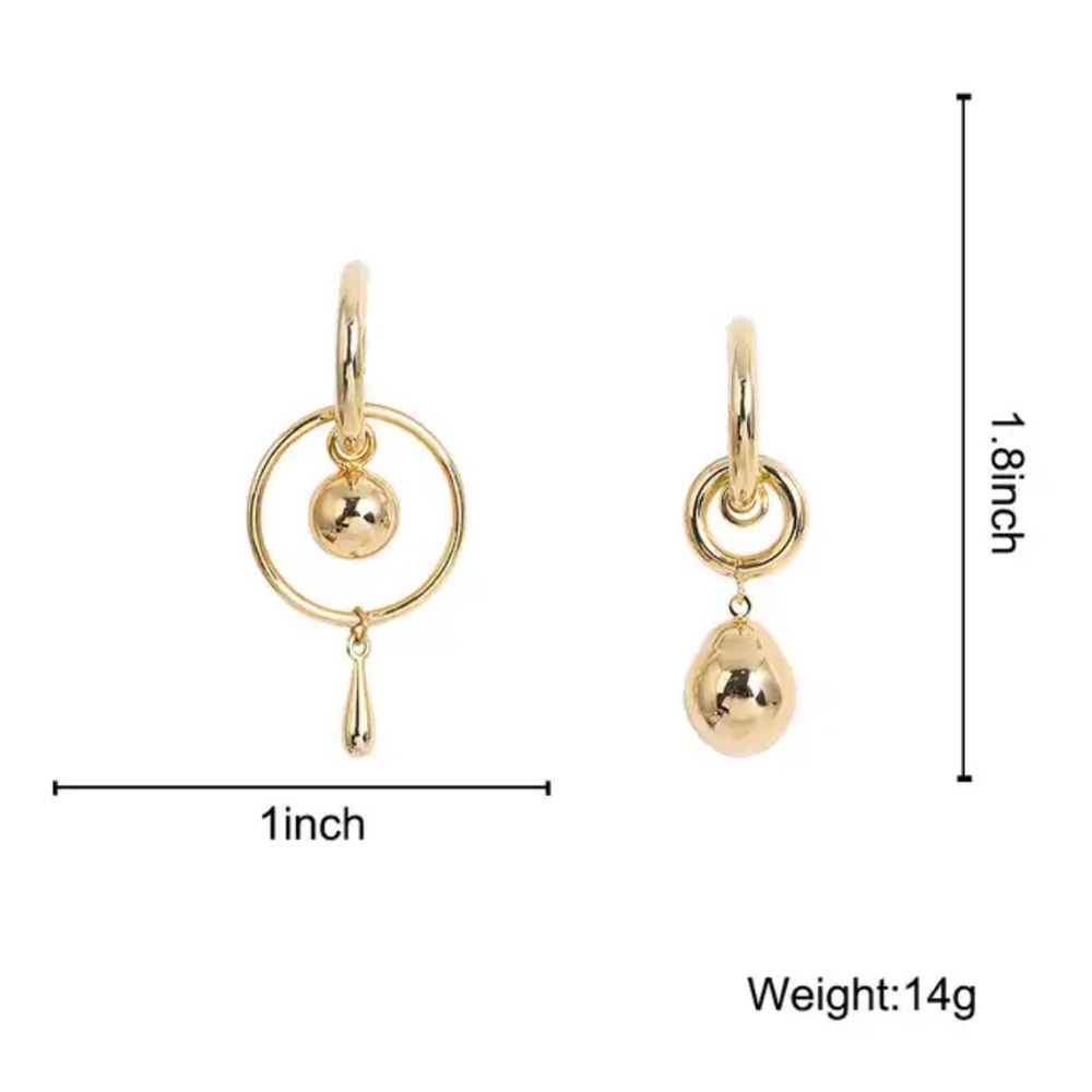 Gold Plated Mismatched Metal Ball Dangle Drop Earrings - Picture 10 of 10